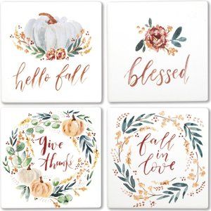 Primitives by Kathy Fall Blessings Coaster Set in Wire Holder